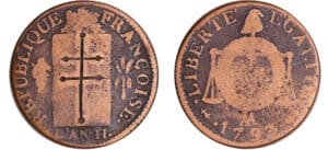France - Convention (1792-1795) - Sol à la balance type FRANCOISE - An II - 1793 AA (Metz), gravée d'une croix de Lorraine