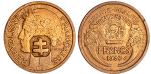France - Troisième république (1871-1940) - 2 francs Morlon bronze-alu - 1940, gravée d'une croix de Lorraine