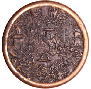 Bouton plat en bronze et laiton - Décors japonais - 18ème siècle