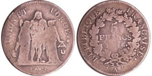 France - Directoire (1795-1799) - 5 francs Hercule union et force An 6 A (Paris) France - Directoire (1795-1799) - 5 francs Hercule union et force An 6 A (Paris)