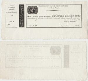 France - Assignat - 400 sols soit 20 Francs 1 er Fructidor - Caisse d’Echange de monnaie de Rouen - neuf sans signature ou numéro France - Assignat - 400 sols soit 20 Francs 1 er Fructidor - Caisse d’Echange de monnaie de Rouen - neuf sans signature ou numéro
