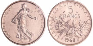 France - Cinquième république (1959- ) - 5 francs Semeuse 1968 Piéfort en argent