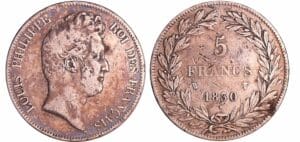 France - Louis-Philippe Ier (1830-1848) - 5 francs tête nue sans le I tranche en creux 1830 W (Lille)