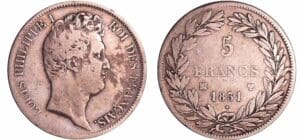 France - Louis-Philippe Ier (1830-1848) - 5 francs tête laurée 1er type tranche en creux 1831 MA (Marseille)