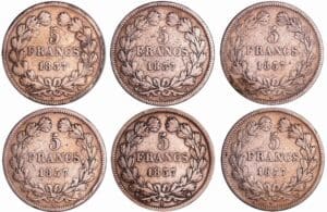 France - Louis-Philippe Ier (1830-1848) - 5 francs tête laurée 1er type tranche en relief année 1837 (6 monnaies) France - Louis-Philippe Ier (1830-1848) - 5 francs tête laurée 1er type tranche en relief année 1837 (6 monnaies)