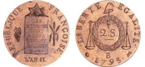 France - Convention (1792-1795) - 2 sols à la balance - An II - 1793 B (Rouen) Refrappe