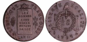 France - Convention (1792-1795) - 1/2 sol à la balance - An II - 1793 H (La Rochelle) refrappe France - Convention (1792-1795) - 1/2 sol à la balance - An II - 1793 H (La Rochelle) refrappe