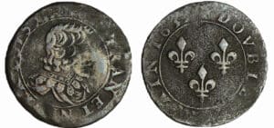France - Louis XIII (1610-1643) - Double lorrain au buste viril, tête nue, col plat - 1635 (Stenay)