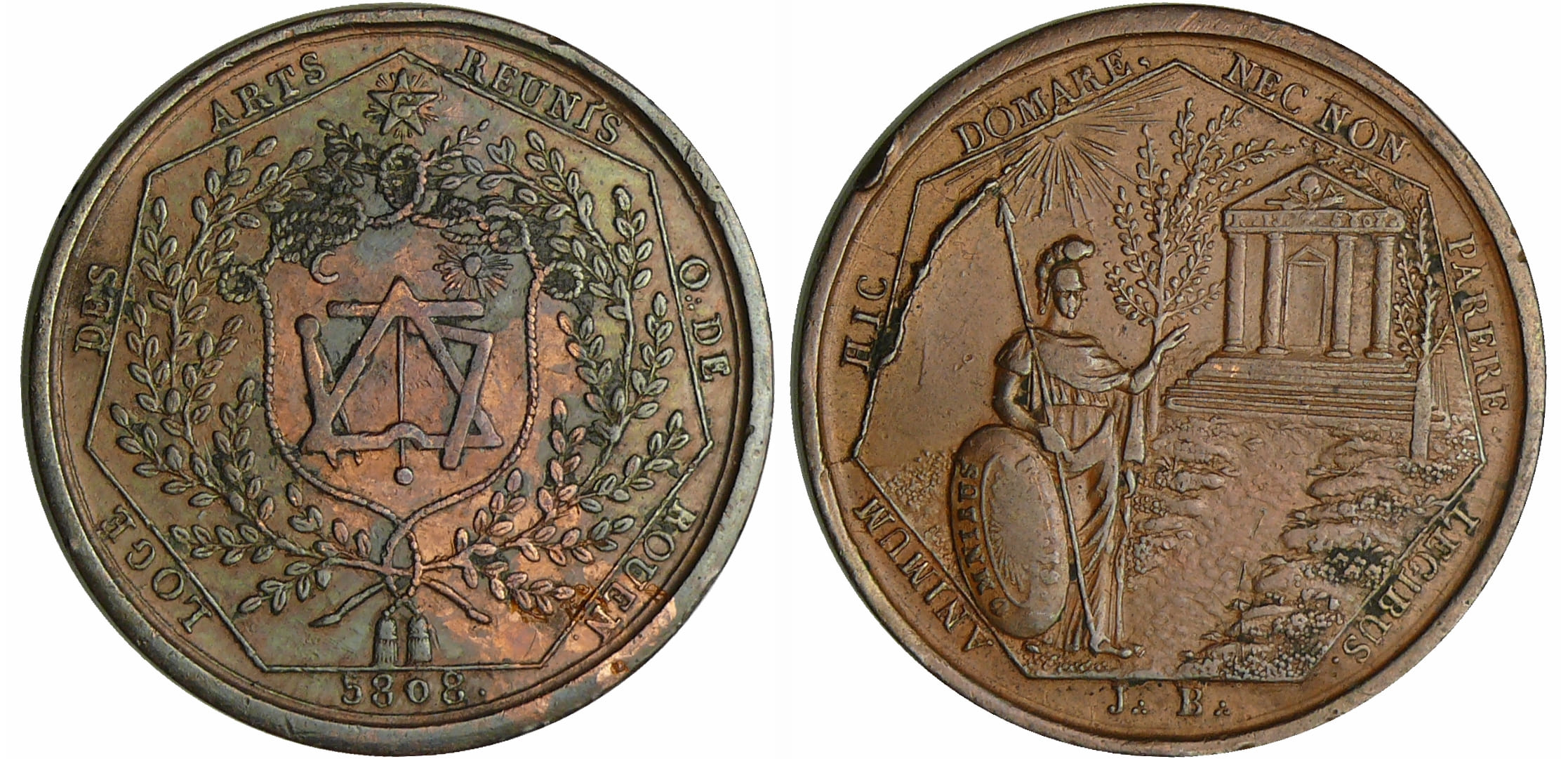 France - Jeton Maçonique - Orient de Rouen, les Arts réunis, 5808 (1808 1863) Paris France - Jeton Maçonique - Orient de Rouen, les Arts réunis, 5808 (1808 1863) Paris