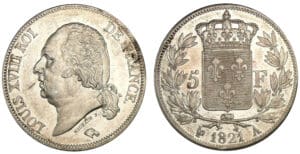 5 francs Louis XVIII buste nu 1821 A (Paris) 5 francs Louis XVIII buste nu 1821 A (Paris)