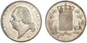 5 francs Louis XVIII buste nu 1816 A (Paris) 5 francs Louis XVIII buste nu 1816 A (Paris)