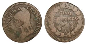 5 centimes Dupré grand module An 5 A double frappe