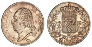 5 francs Louis XVIII buste nu 1823 D (Lyon) 5 francs Louis XVIII buste nu 1823 D (Lyon)