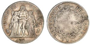 5 francs Hercule union et force avec glands et listel par virole AN 4 A (Paris)