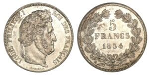 5 francs Louis-Philippe I tête laurée 2ème type 1834 A (Paris) 5 francs Louis-Philippe I tête laurée 2ème type 1834 A (Paris)