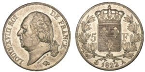 5 francs Louis XVIII buste nu 1822 A (Paris) 5 francs Louis XVIII buste nu 1822 A (Paris)