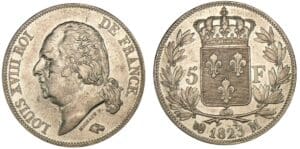5 francs Louis XVIII buste nu 1823 M (Toulouse) 5 francs Louis XVIII buste nu 1823 M (Toulouse)