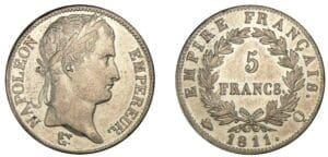 5 francs Napoléon revers Empire 1811 Q (Perpignan) 5 francs Napoléon revers Empire 1811 Q (Perpignan)