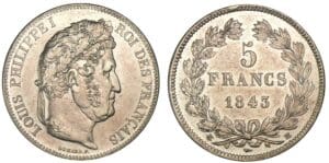 5 francs Louis-Philippe I tête laurée 2ème type 1843 BB (Strasbourg) 5 francs Louis-Philippe I tête laurée 2ème type 1843 BB (Strasbourg)