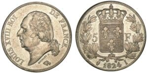5 francs Louis XVIII buste nu 1824 I (Limoges) 5 francs Louis XVIII buste nu 1824 I (Limoges)