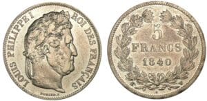 5 francs Louis-Philippe I tête laurée 2ème type 1840 W (Lille) différent cornu 5 francs Louis-Philippe I tête laurée 2ème type 1840 W (Lille) différent cornu