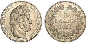 5 francs Louis-Philippe I tête laurée 3ème type 1844 B (Rouen) 5 francs Louis-Philippe I tête laurée 3ème type 1844 B (Rouen)