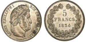 5 francs Louis-Philippe I tête laurée 2ème type 1834 W (Lille) 5 francs Louis-Philippe I tête laurée 2ème type 1834 W (Lille)