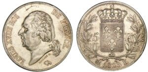 5 francs Louis XVIII buste nu 1823 K (Bordeaux) 5 francs Louis XVIII buste nu 1823 K (Bordeaux)