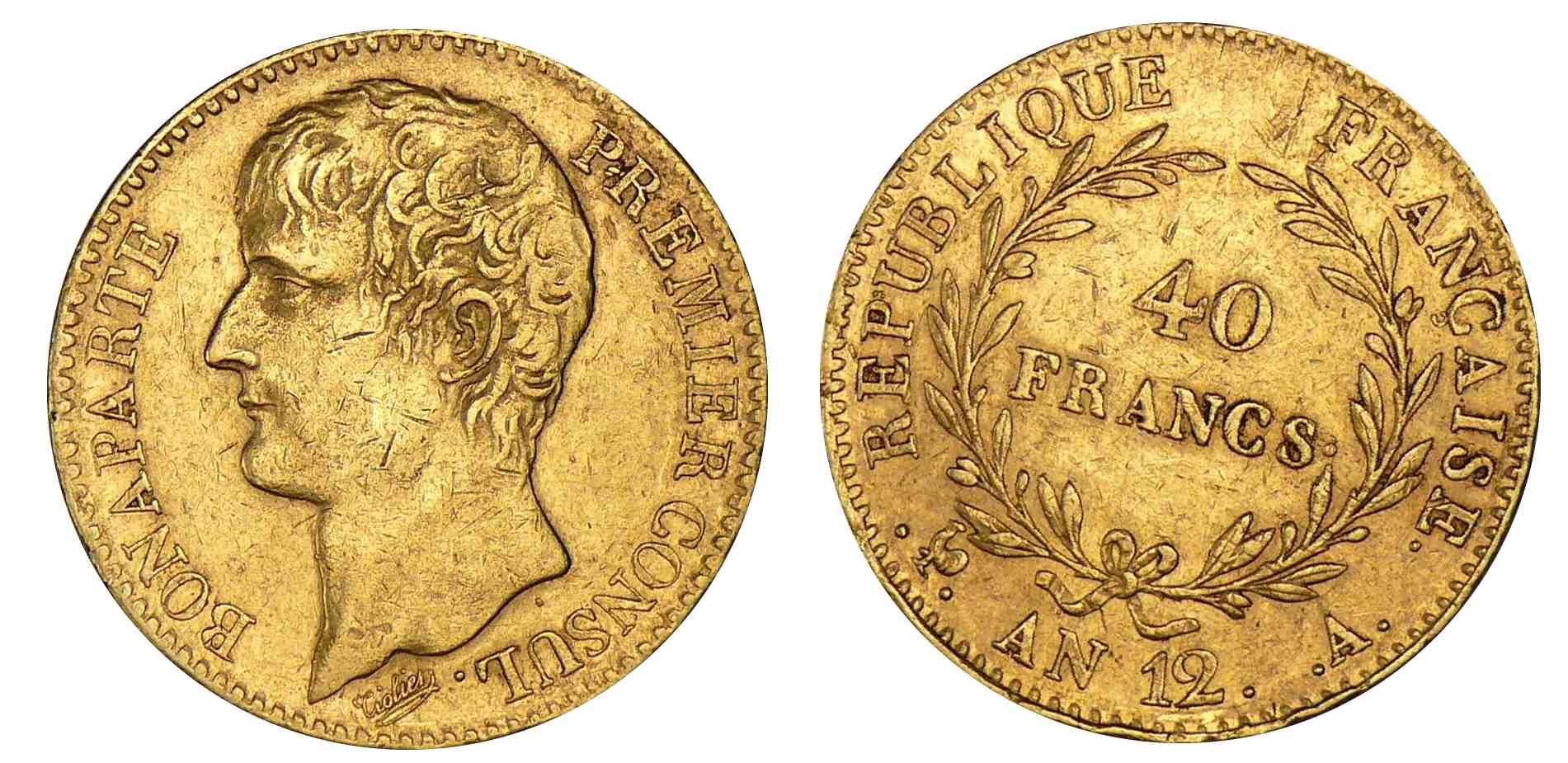 40 francs Bonaparte Premier Consul An 12 A (Paris) Frappe décalée de 45° 40 francs Bonaparte Premier Consul An 12 A (Paris) Frappe décalée de 45°
