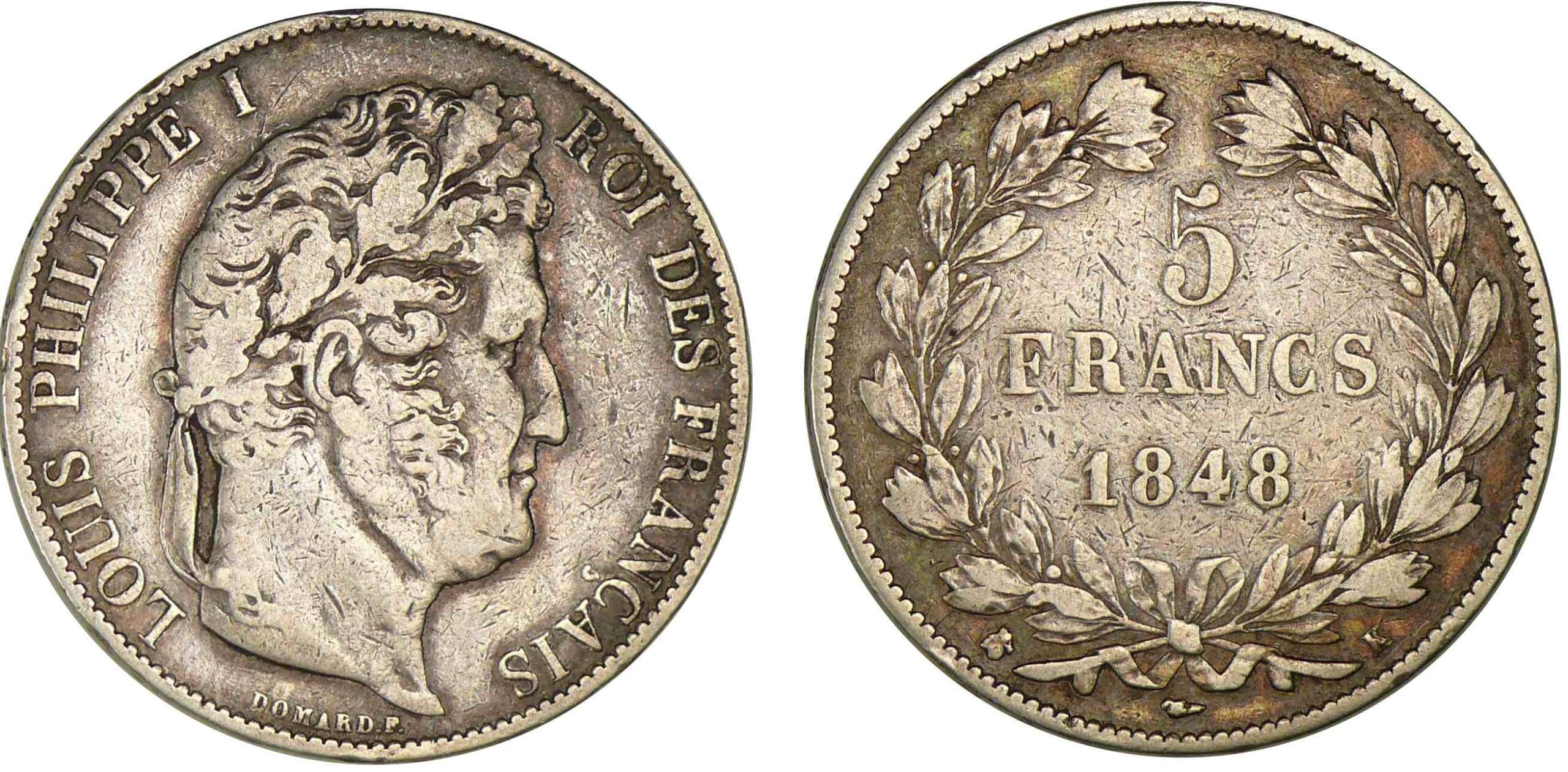 5 francs Louis-Philippe I tête laurée 3ème type 1848 K (Bordeaux) 5 francs Louis-Philippe I tête laurée 3ème type 1848 K (Bordeaux)