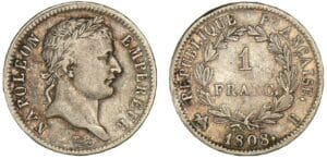 1 franc Napoléon revers République 1808 B (Rouen) 1 franc Napoléon revers République 1808 B (Rouen)