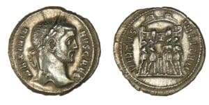 Galère Maximien - Argenteus (294, Rome) Porte de camp Galère Maximien - Argenteus (294, Rome) Porte de camp
