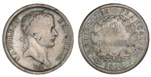 2 francs Napoléon revers République 1808 I (Limoges) 2 francs Napoléon revers République 1808 I (Limoges)