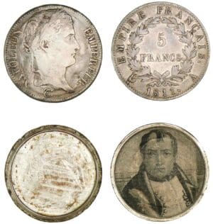 5 francs Napoléon revers Empire 1811 A (Paris) transformée en boite avec un portrait de l'empereur à l'encre de chine.