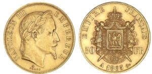 50 francs Napoléon III tête laurée 1865 A (Paris) 50 francs Napoléon III tête laurée 1865 A (Paris)