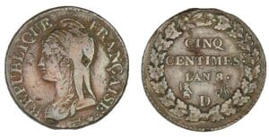 5 centimes Dupré grand module An 8 D (Lyon)