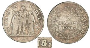 5 francs Hercule union et force avec glands An 5/4 K (Bordeaux)