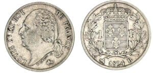 1 franc Louis XVIII buste nu 1824 B (Rouen) 1 franc Louis XVIII buste nu 1824 B (Rouen)