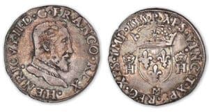 Henri II - Demi-teston 1555 M 5e type (Toulouse). Henri II - Demi-teston 1555 M 5e type (Toulouse).
