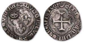Louis XIII - Quinze deniers (douzain contremarqué d'un lis sur un douzain de Louis XI de Bordeaux). Louis XIII - Quinze deniers (douzain contremarqué d'un lis sur un douzain de Louis XI de Bordeaux).