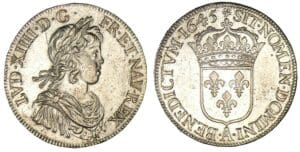 Louis XIV - Ecu à la mèche courte 1645 rose (Paris) trésor de Montrichard Louis XIV - Ecu à la mèche courte 1645 rose (Paris) trésor de Montrichard