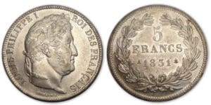 5 frs Louis-Philippe I tête laurée 1er type tranche relief 1831 A (Paris)