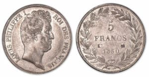 5 francs Louis-Philippe I tête nue, tranche creux 1830 K (Bordeaux). 5 francs Louis-Philippe I tête nue, tranche creux 1830 K (Bordeaux).