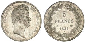 5 frs Louis-Philippe I tête nue tranche. creux 1831 K (Bordeaux) 5 frs Louis-Philippe I tête nue tranche. creux 1831 K (Bordeaux)