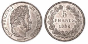 5 francs Louis-Philippe I tête laurée 2e type 1834 K (Bordeaux). 5 francs Louis-Philippe I tête laurée 2e type 1834 K (Bordeaux).