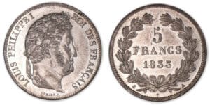 5 francs Louis-Philippe I tête laurée 2e type 1833 A (Paris). 5 francs Louis-Philippe I tête laurée 2e type 1833 A (Paris).