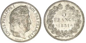 5 francs Louis-Philippe I tête laurée 1er type tranche relief 1831 K (Bordeaux) 5 francs Louis-Philippe I tête laurée 1er type tranche relief 1831 K (Bordeaux)