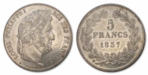 5 frs Louis-Philippe I tête laurée 2e type 1837 W (Lille)