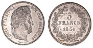 5 francs Louis-Philippe I tête laurée 2e type 1834 T (Nantes). 5 francs Louis-Philippe I tête laurée 2e type 1834 T (Nantes).