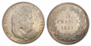 5 frs Louis-Philippe I tête laurée 2e type 1832 B (Rouen)